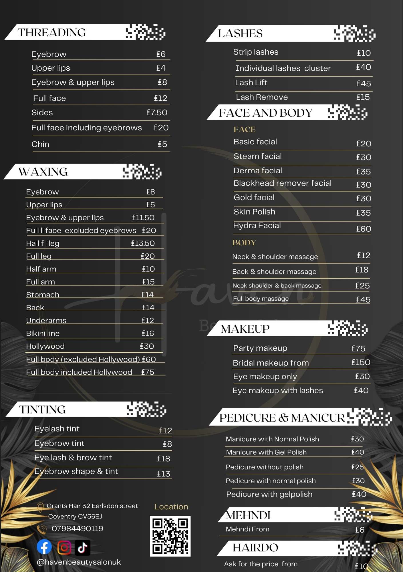 Haven Beauty Salon Brochure COVENTRY PRICES